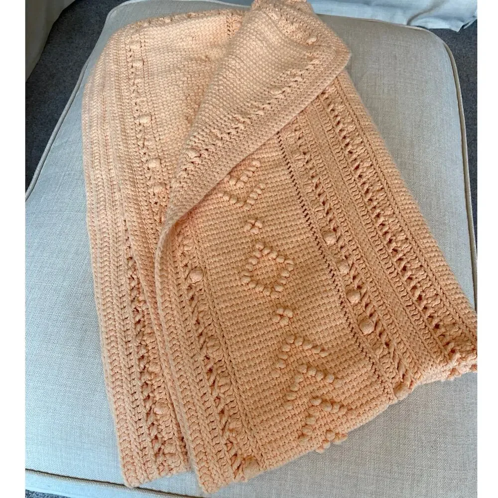 Handmade Crochet Peach Throw Crib Baby Blanket Mixed Stitch 33x30 Scallop Edge